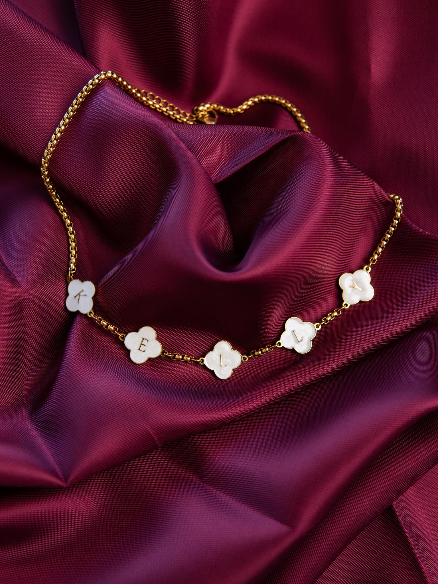 White Pearls Clover Name Necklace